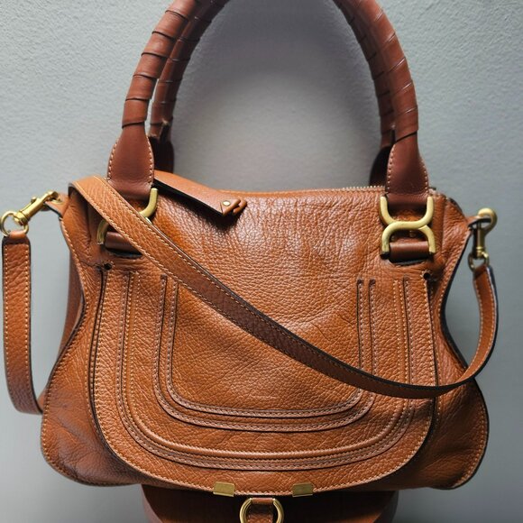 LIKE NEW- Chloe Marcie Medium Bag - Brown Grained Leather With Crossbody Strap - Picture 1 of 14